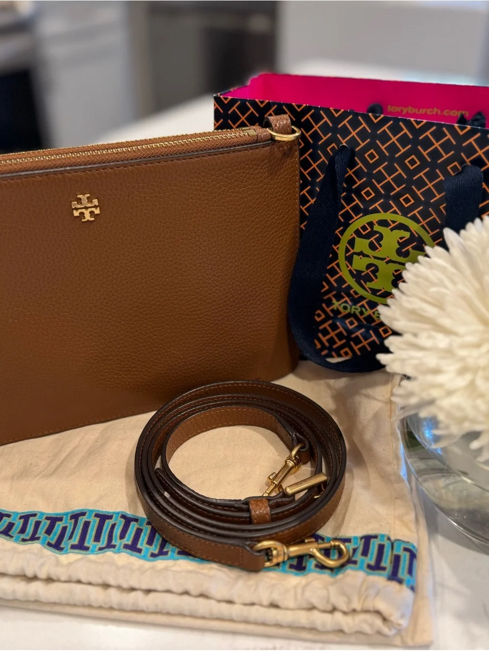 Tory Burch Brown Pebbled Leather Crossbody with Gold Logo